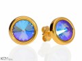 Opalizujące fioletowo zielone okrągłe kolczyki sztyfty, kryształ Swarovski®, pozłacane srebro 925