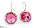 Różowe kolczyki haczyki duże oczko, srebro 925, 1,2 cm okrągłe kryształy Swarovski®